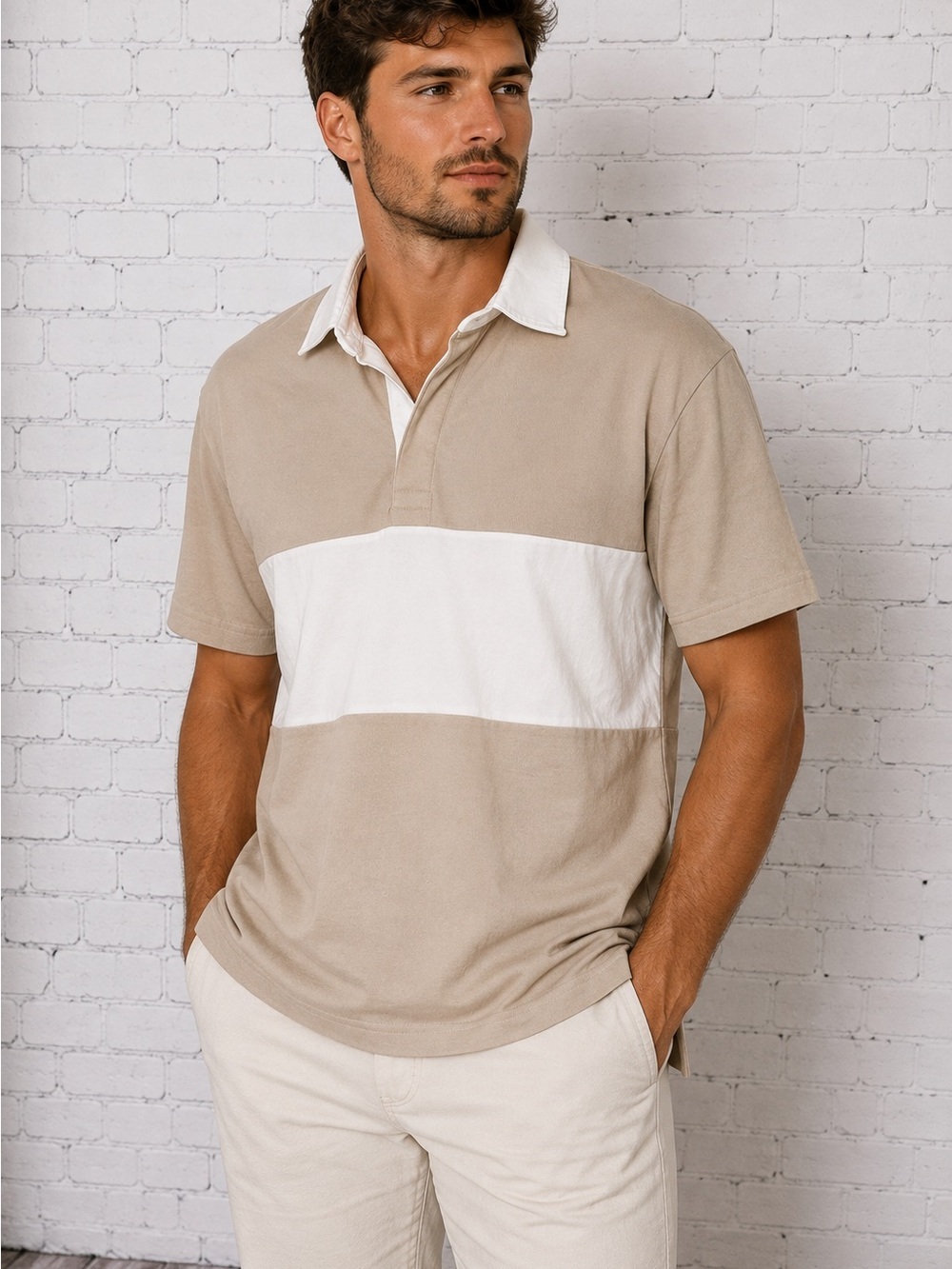 Arizona Jean Company Beige and White Colorblock Polo